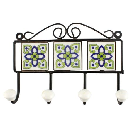 Pea Green Ceramic Floral Tile Wall Hook